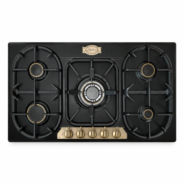 Kaiser Empire black and ivory 90cm gas hob with five burners and front-mounted control knobs on white background