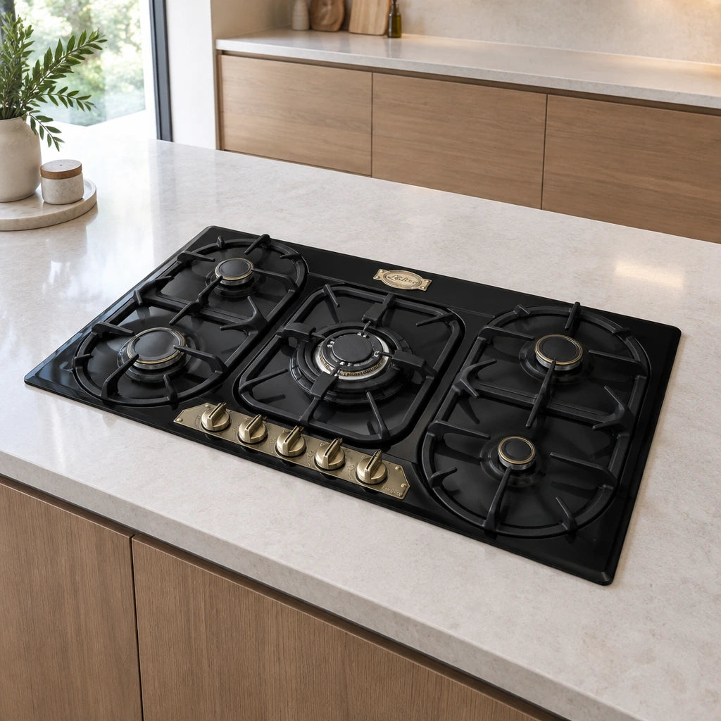 Kaiser Empire five-burner gas hob installed flush in a contemporary kitchen island