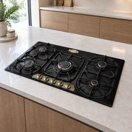Kaiser Empire five-burner gas hob installed flush in a contemporary kitchen island