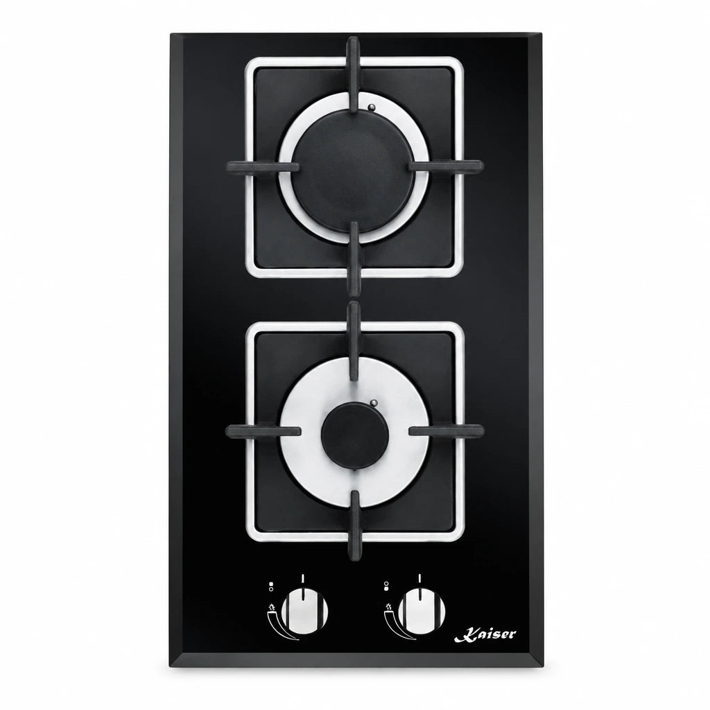 Kaiser KCG 3382 black 30cm domino gas hob with two burners and front controls on a white background