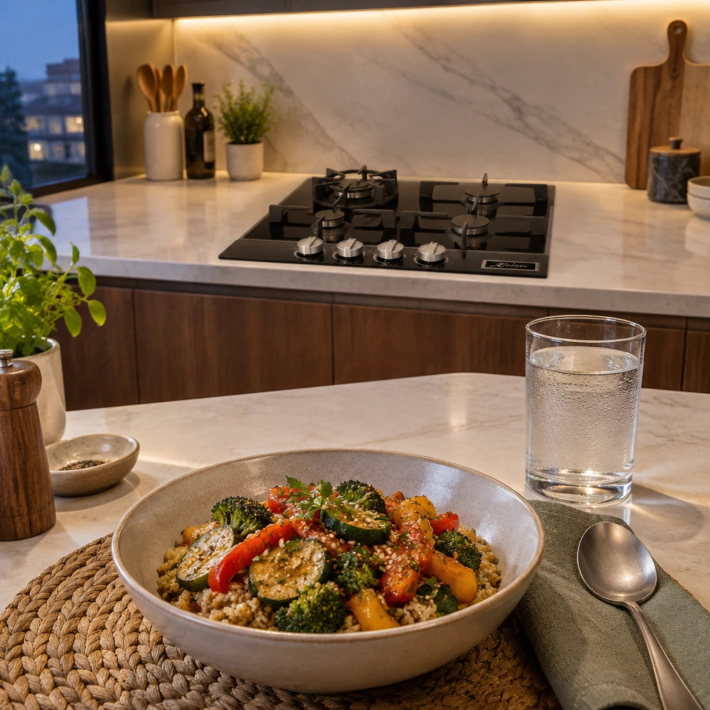 Finished warm grain bowl beside the switched-off Kaiser black glass gas hob in a contemporary kitchen.