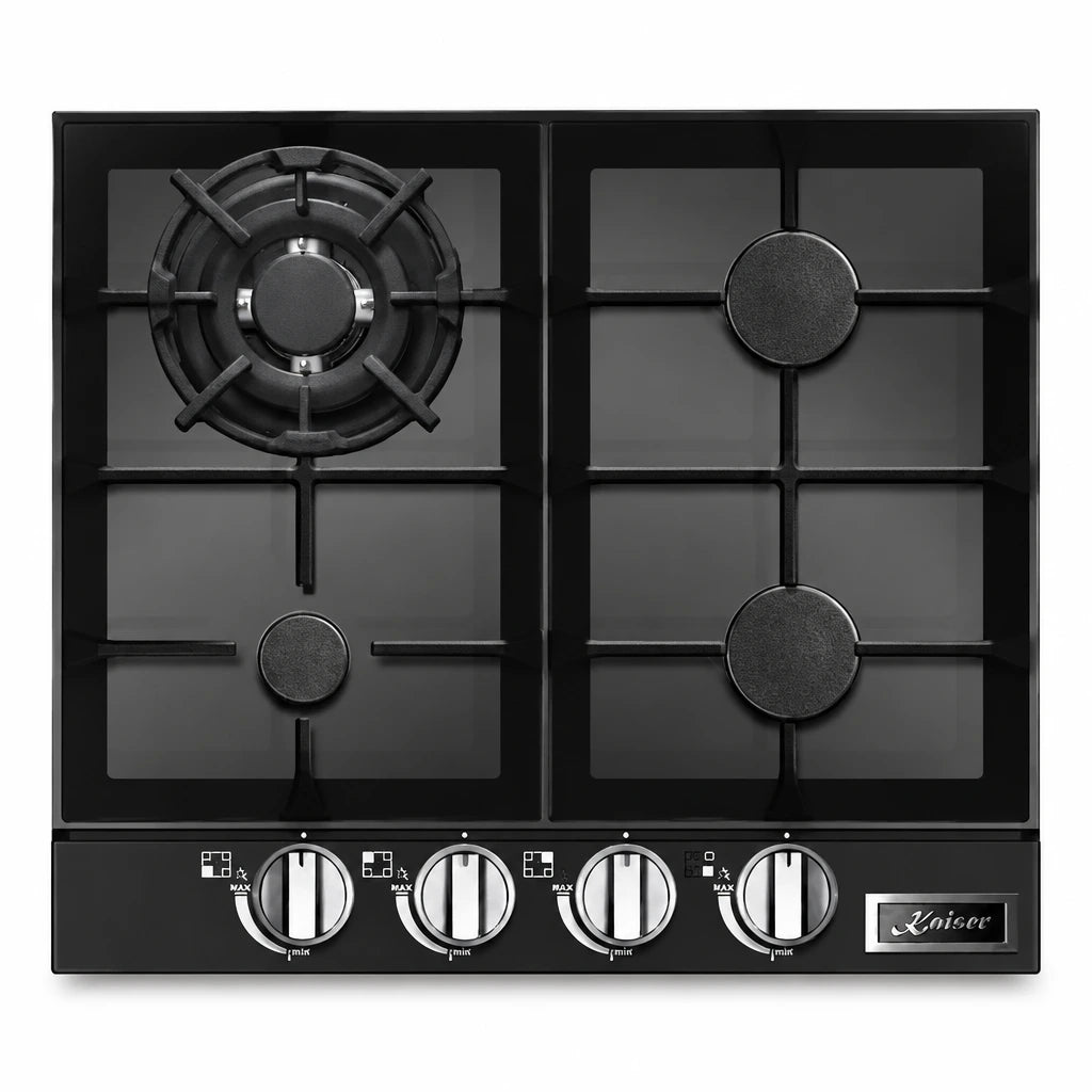 Kaiser KCG 6387 Turbo black glass four-burner gas hob with cast-iron supports and front control knobs on a white background.