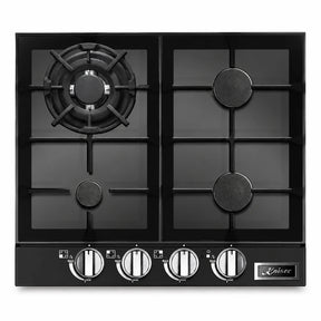 Kaiser KCG 6387 Turbo black glass four-burner gas hob with cast-iron supports and front control knobs on a white background.