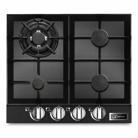 Kaiser KCG 6387 Turbo black glass four-burner gas hob with cast-iron supports and front control knobs on a white background.