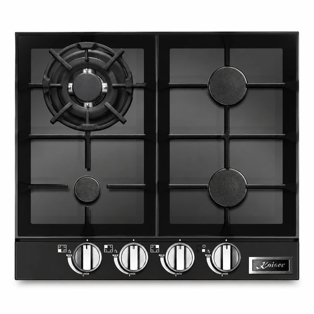 Kaiser KCG 6387 Turbo black glass four-burner gas hob with cast-iron supports and front control knobs on a white background.