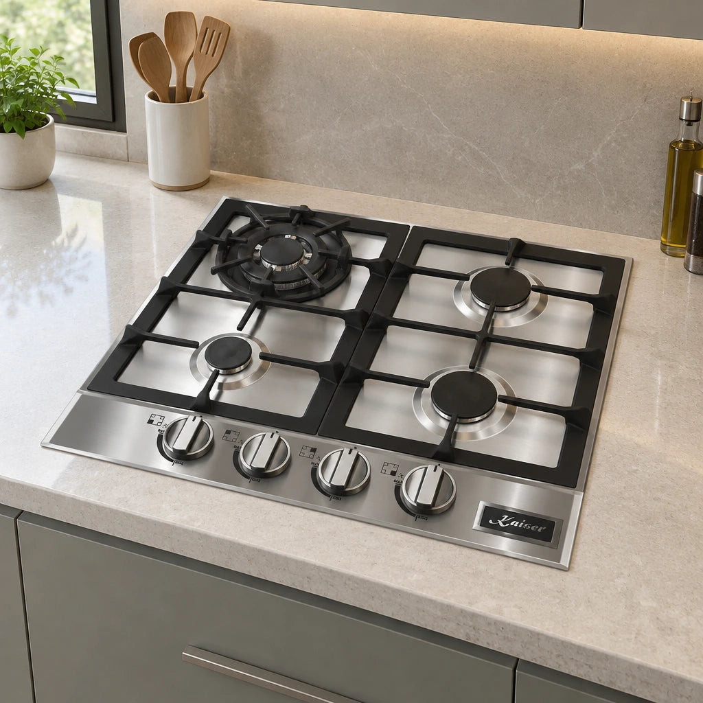 Kaiser stainless steel four-burner gas hob installed in a contemporary apartment kitchen worktop