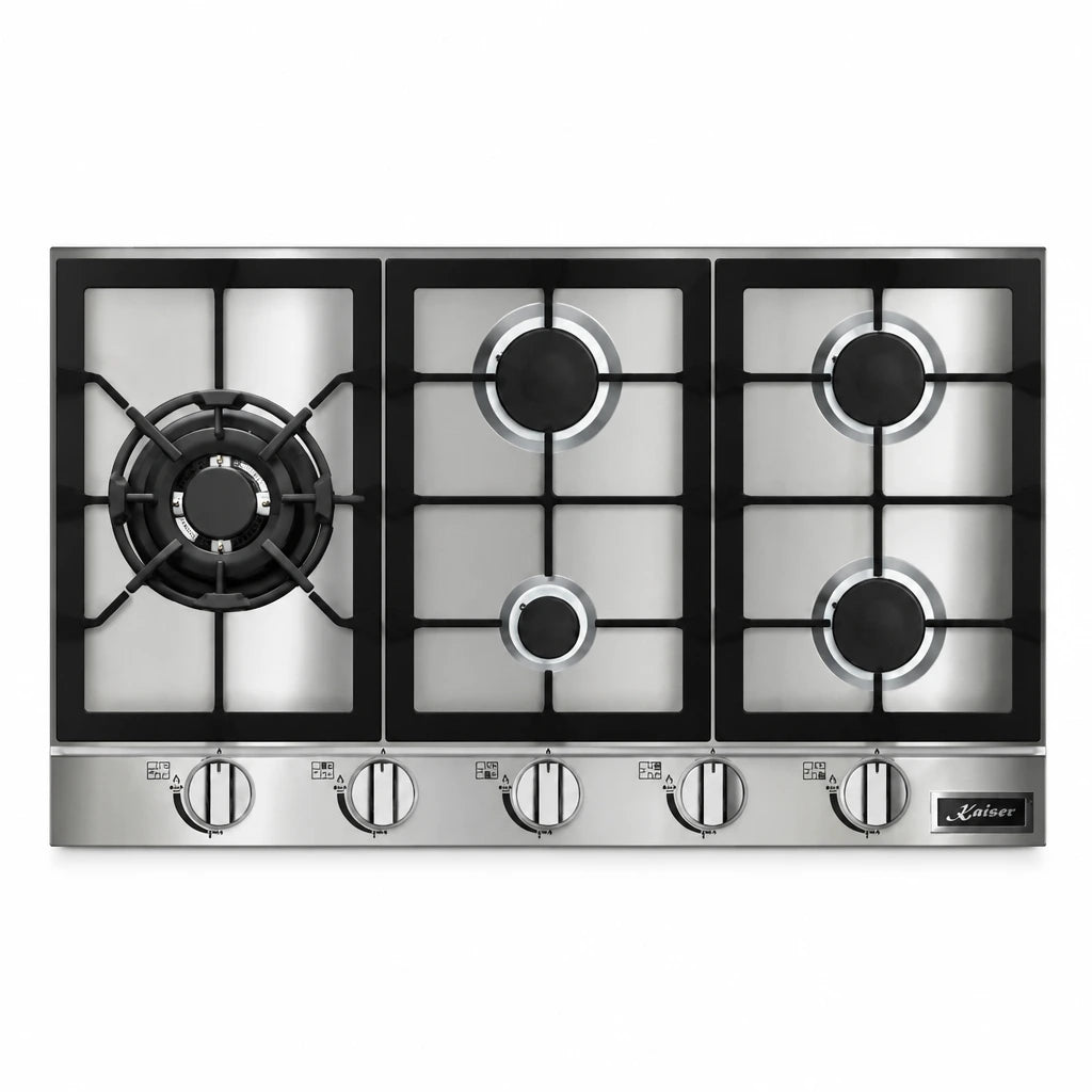 Kaiser Avantgarde Pro KG 9357 Turbo stainless steel five-burner gas hob on white background.