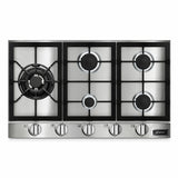 Kaiser Avantgarde Pro KG 9357 Turbo stainless steel five-burner gas hob on white background.
