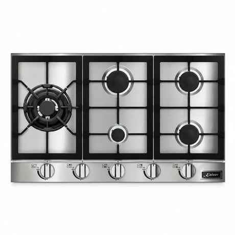 Kaiser Avantgarde Pro KG 9357 Turbo stainless steel five-burner gas hob on white background.