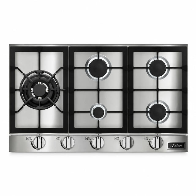 Kaiser Avantgarde Pro KG 9357 Turbo stainless steel five-burner gas hob on white background.