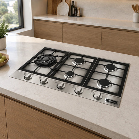 Kaiser five-burner stainless steel gas hob installed in a contemporary kitchen island.