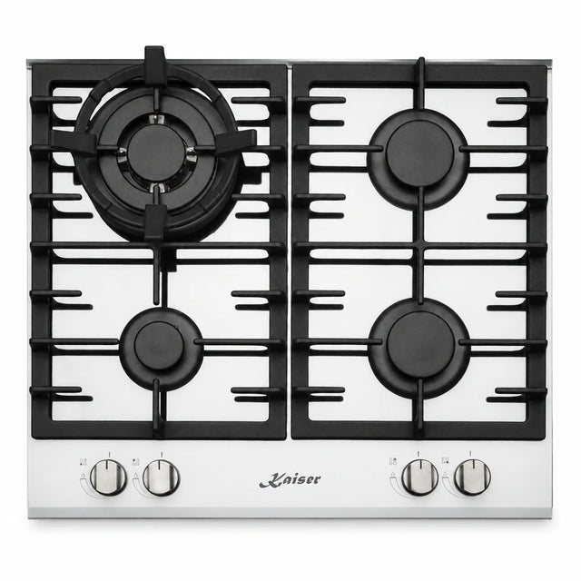 Kaiser Grand Chef Turbo white and black 60cm four-burner gas hob with front controls on a white background.