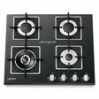 Kaiser KCG 6382 Turbo black glass four-burner gas hob with cast-iron supports and front controls on a white background