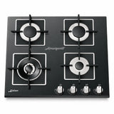 Kaiser KCG 6382 Turbo black glass four-burner gas hob with cast-iron supports and front controls on a white background
