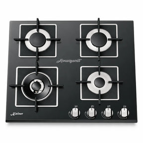 Kaiser KCG 6382 Turbo black glass four-burner gas hob with cast-iron supports and front controls on a white background