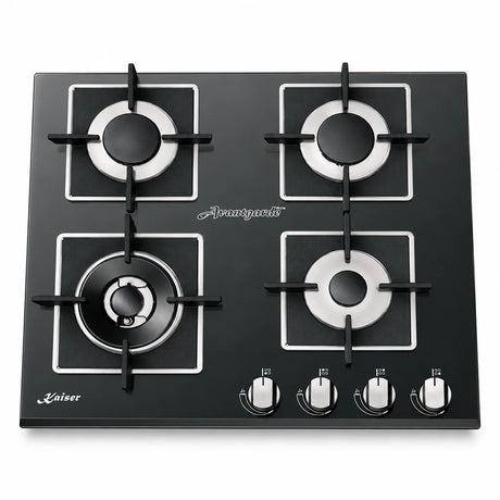 Kaiser KCG 6382 Turbo black glass four-burner gas hob with cast-iron supports and front controls on a white background