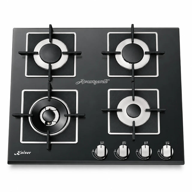 Kaiser KCG 6382 Turbo black glass four-burner gas hob with cast-iron supports and front controls on a white background