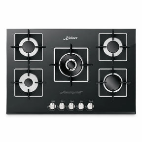 Kaiser Avantgarde Pro 77cm black glass gas hob with five burners and front-mounted knobs on a white background.