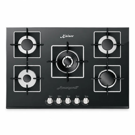 Kaiser Avantgarde Pro 77cm black glass gas hob with five burners and front-mounted knobs on a white background.