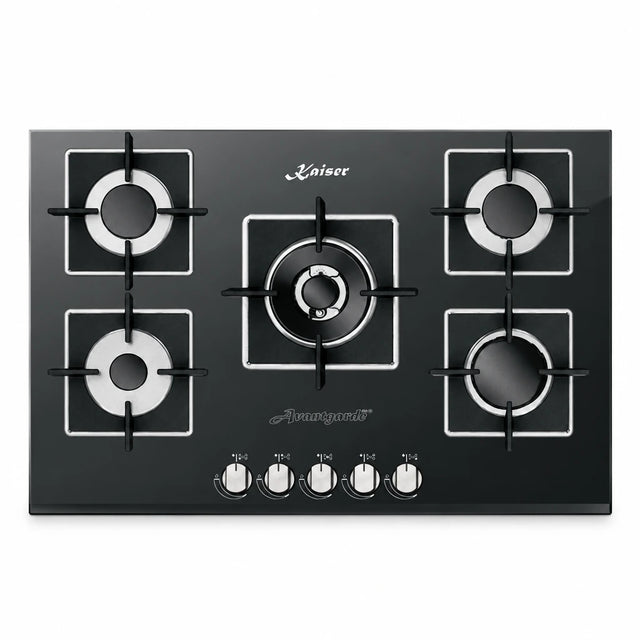 Kaiser Avantgarde Pro 77cm black glass gas hob with five burners and front-mounted knobs on a white background.