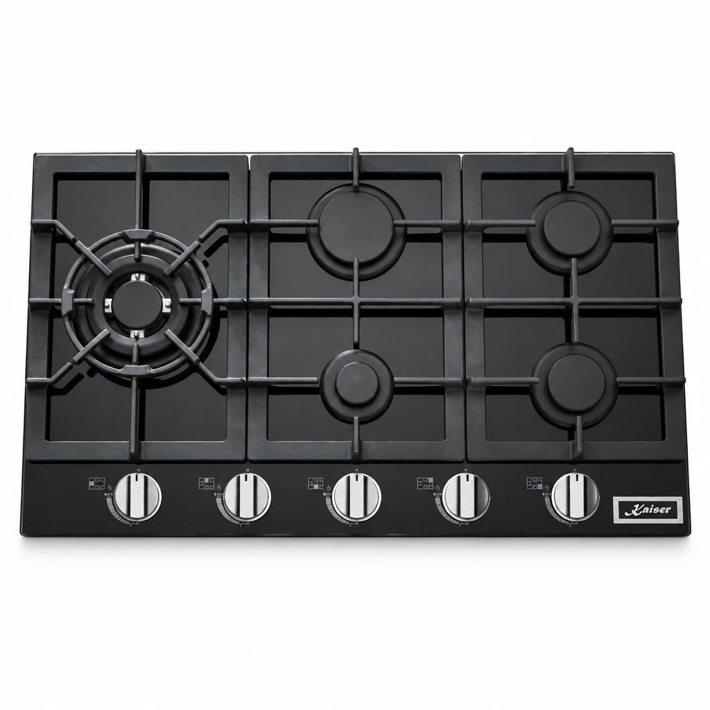 Kaiser KCG 9387 Turbo black five-burner gas hob with cast-iron supports and front controls on white background