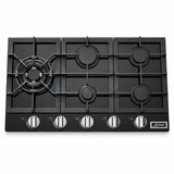 Kaiser KCG 9387 Turbo black five-burner gas hob with cast-iron supports and front controls on white background