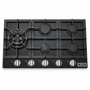 Kaiser KCG 9387 Turbo black five-burner gas hob with cast-iron supports and front controls on white background