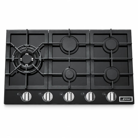 Kaiser KCG 9387 Turbo black five-burner gas hob with cast-iron supports and front controls on white background