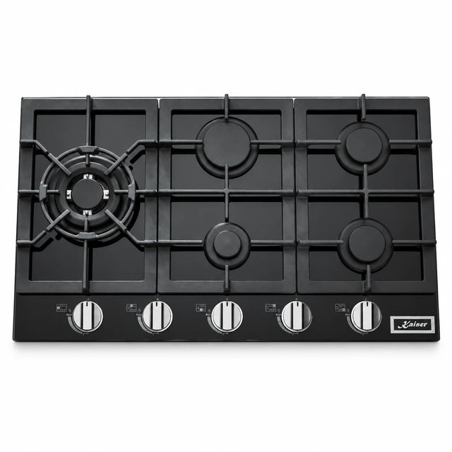 Kaiser KCG 9387 Turbo black five-burner gas hob with cast-iron supports and front controls on white background