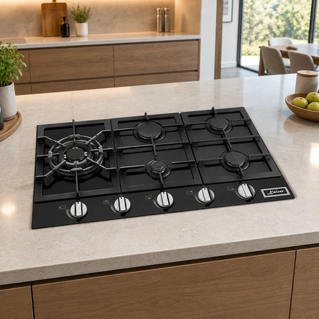 Kaiser five-burner black gas hob installed in a contemporary kitchen island before use