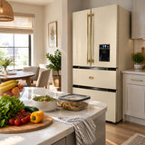 Organised fresh produce and prepared food ready beside a closed Kaiser Empire ivory and black French door refrigerator