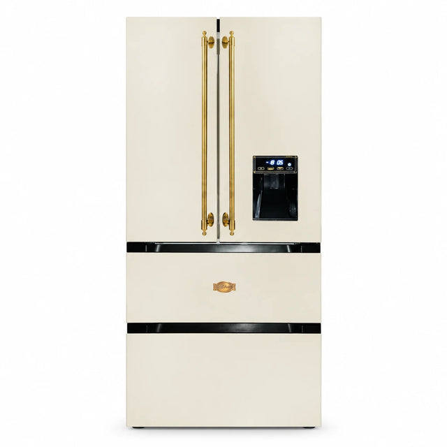 Kaiser Empire 506L ivory and black French door refrigerator freezer with gold handles and front dispenser on white background