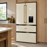 Kaiser Empire ivory and black French door refrigerator positioned in a refined contemporary townhouse kitchen