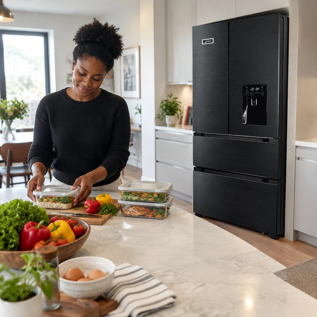 Organised fresh ingredients and covered meals ready beside a closed Kaiser black stainless steel French-door refrigerator.