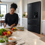 Organised fresh ingredients and covered meals ready beside a closed Kaiser black stainless steel French-door refrigerator.