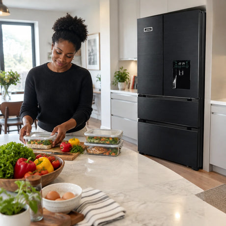 Organised fresh ingredients and covered meals ready beside a closed Kaiser black stainless steel French-door refrigerator.