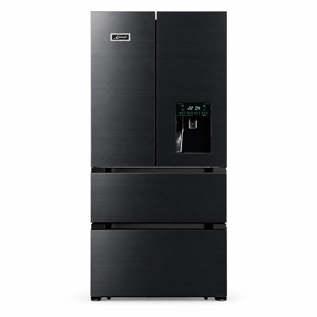 Kaiser Avantgarde Pro KS 80420 RS black stainless steel French-door refrigerator with two freezer drawers on a white background.