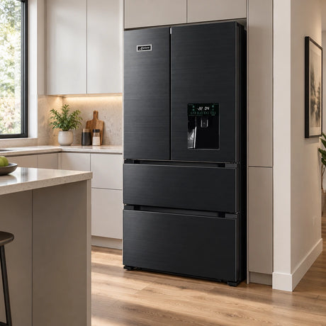 Kaiser black stainless steel French-door refrigerator standing closed in a refined contemporary kitchen.