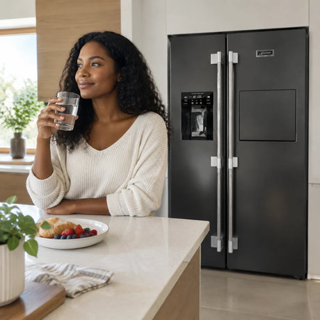 Glass of water ready beside a closed Kaiser black stainless steel refrigerator in a contemporary kitchen