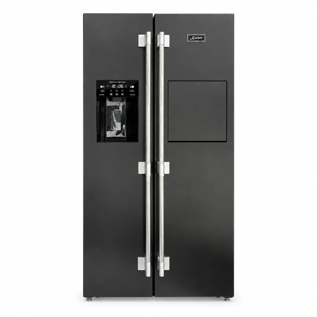 Kaiser KS 90500 RS black stainless steel side-by-side refrigerator freezer with front dispenser and silver handles