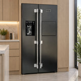 Kaiser black stainless steel side-by-side refrigerator freezer standing in a contemporary kitchen appliance niche
