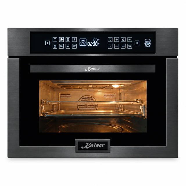 Kaiser black and stainless Grand Chef compact electric oven with microwave function on a white background