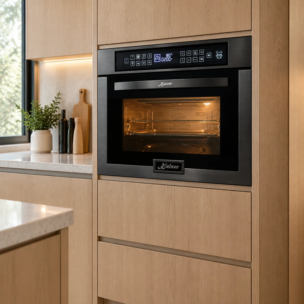 Kaiser black and stainless compact microwave oven installed in a contemporary apartment kitchen