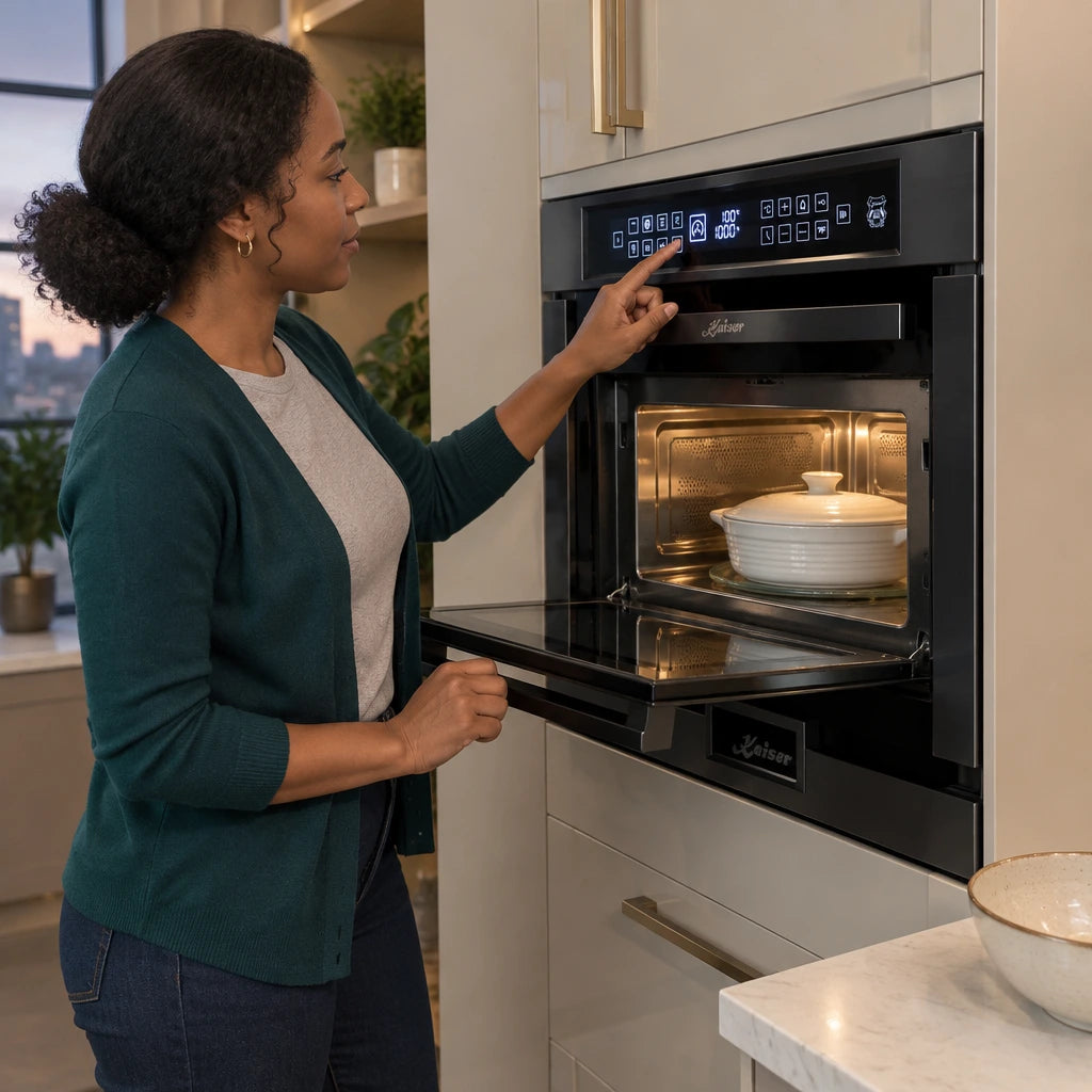 African American home user selecting microwave reheating for a covered meal in a Kaiser compact oven