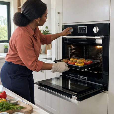 African American home cook loading stuffed peppers into a Kaiser 79L black built-in electric oven