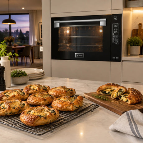 Finished savoury pastries cooling on a kitchen island with the closed Kaiser EH 9309 electric oven in the background