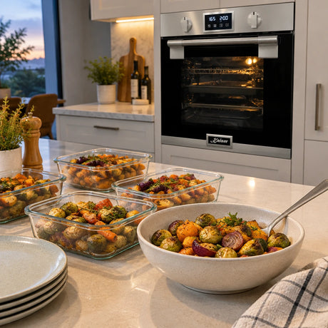 Roasted vegetable portions cooling beside the Kaiser EH 6337 built-in electric oven in a contemporary kitchen.