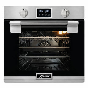 Kaiser EH 6337 79L stainless steel and black built-in multifunction electric oven isolated on white.