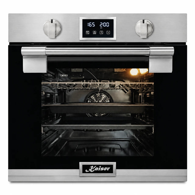 Kaiser EH 6337 79L stainless steel and black built-in multifunction electric oven isolated on white.