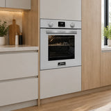 Kaiser white and black built-in electric oven installed in a refined contemporary apartment kitchen